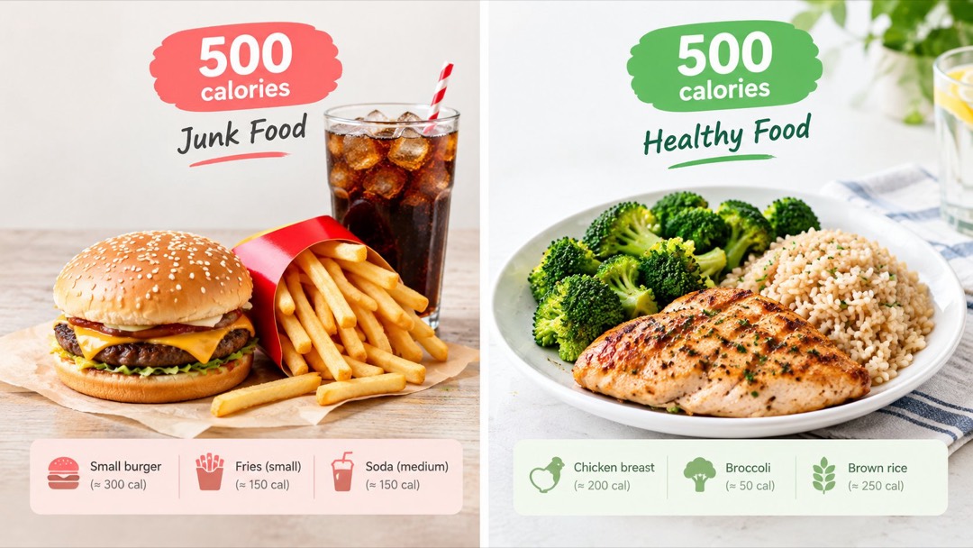 Comparison of 500 calories of junk food versus 500 calories of healthy food