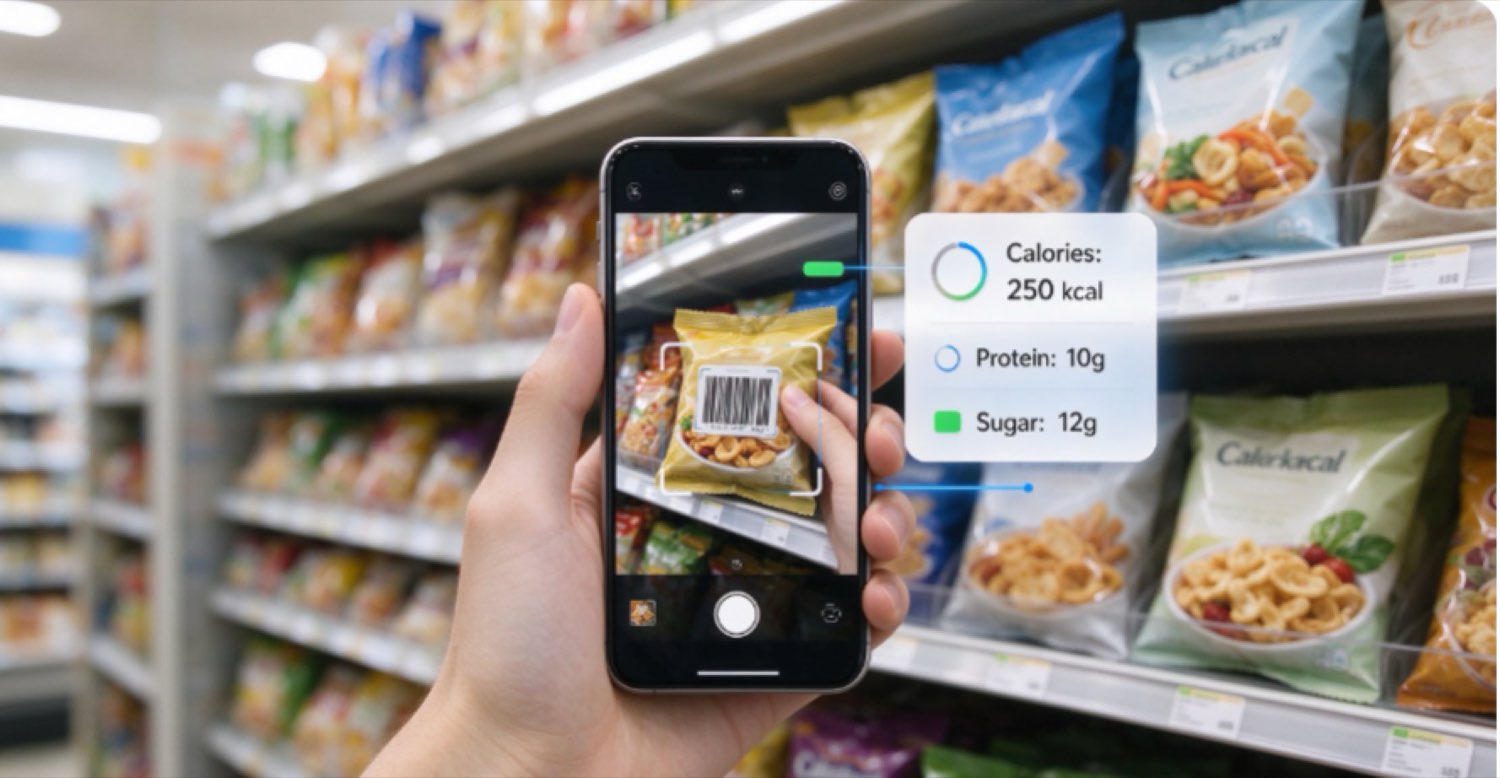 Scanning a snack package's barcode in a convenience store aisle to reveal 250 calories, 10 g protein and 12 g sugar