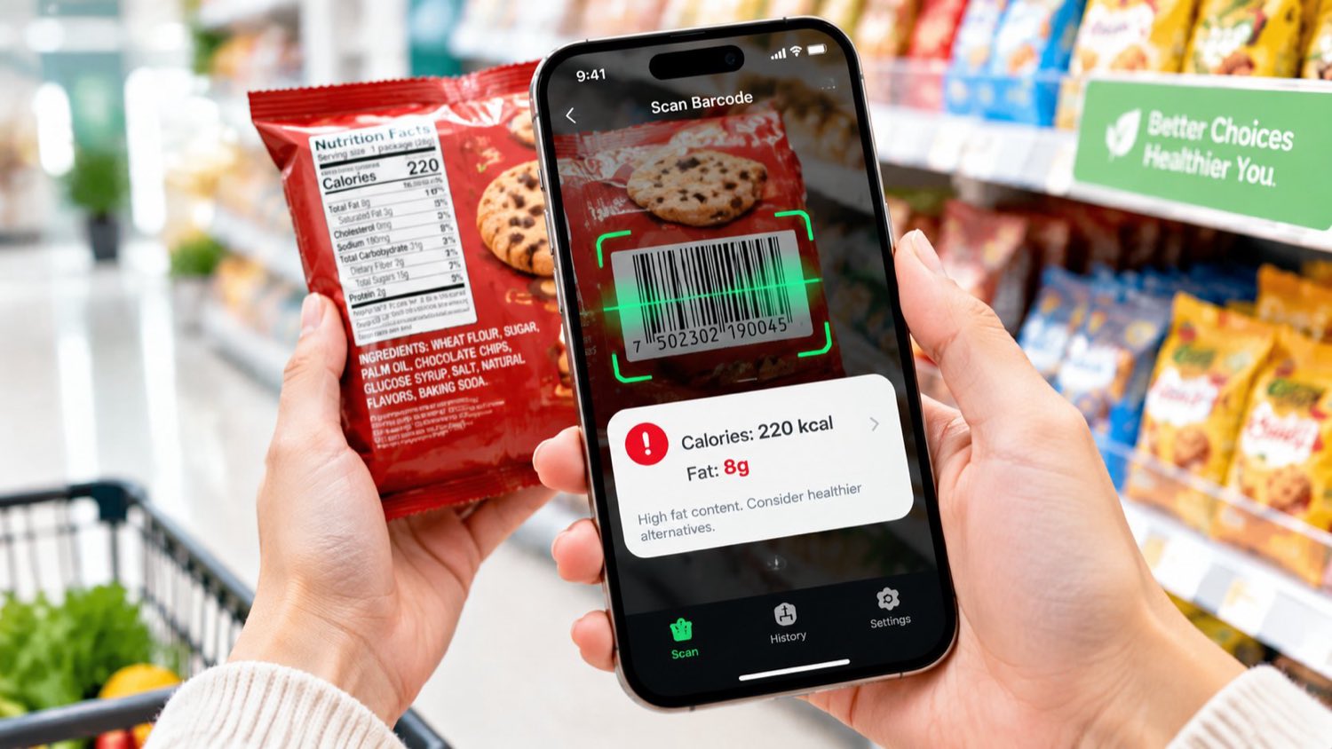 Scanning a packaged food's barcode with the BMIbite app in a supermarket to reveal 220 calories and 8 grams of fat