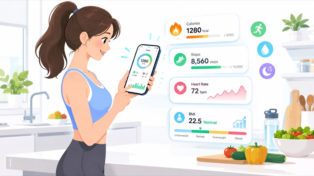 Woman checking health metrics on her smartphone, including BMI and calorie intake