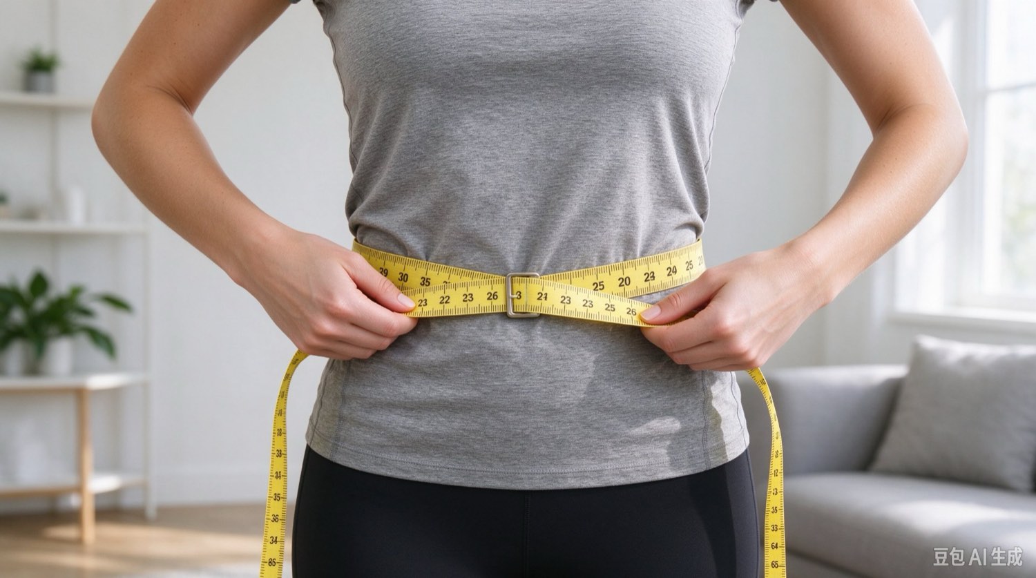 A woman measuring her waist with a yellow tape measure at home