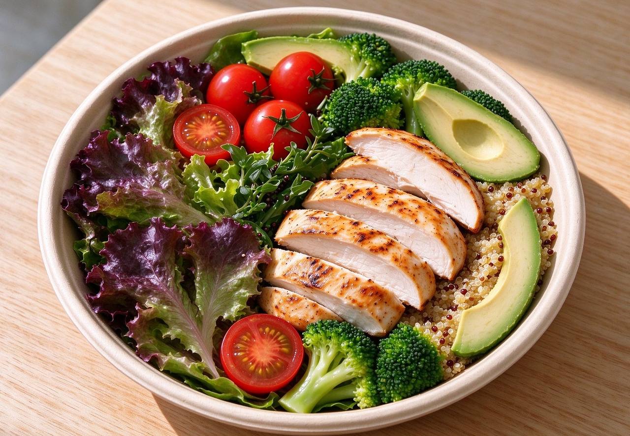 A balanced meal bowl with grilled chicken breast, quinoa, avocado, cherry tomatoes and broccoli