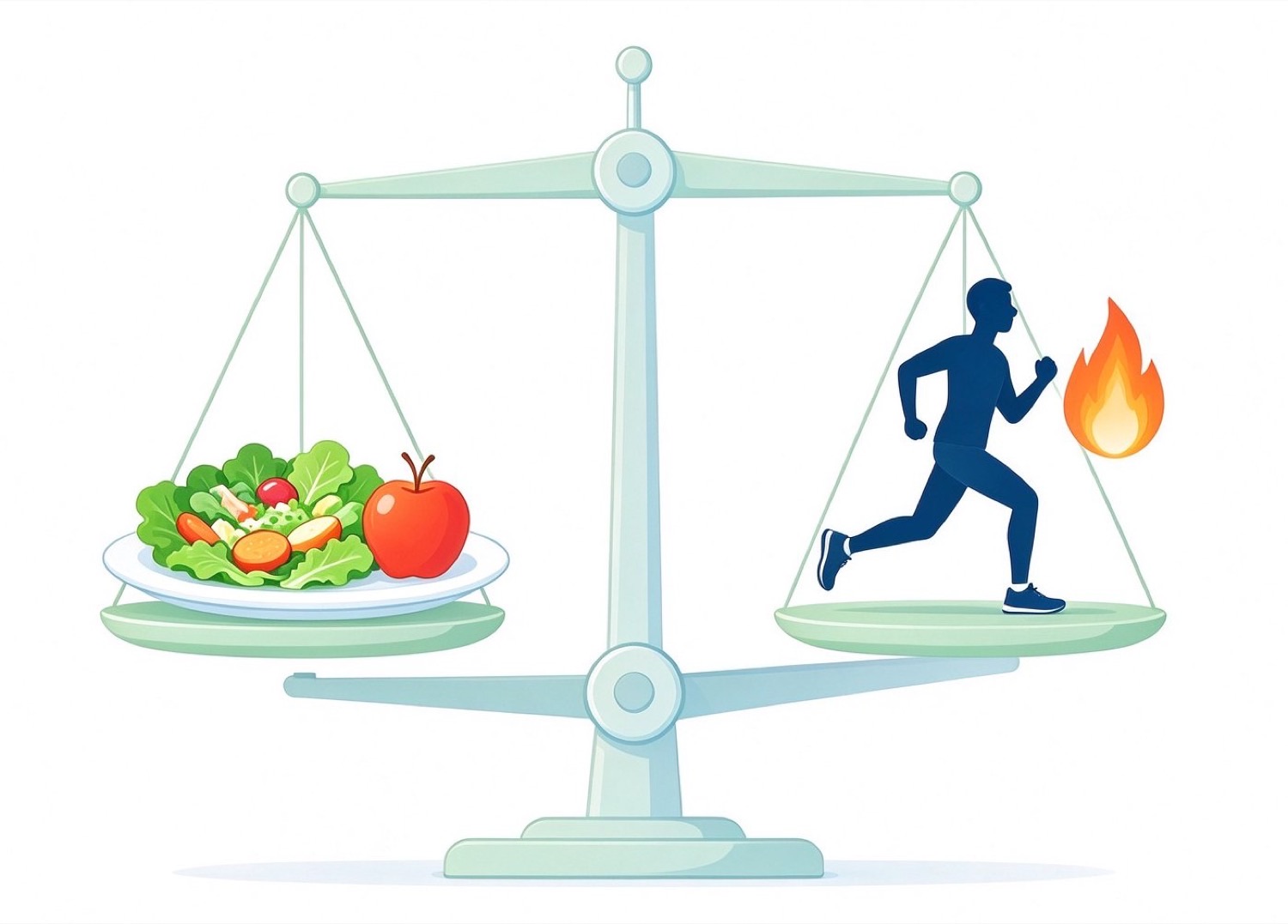 Illustration of a balanced scale with a plate of salad on one side and a running figure burning calories on the other