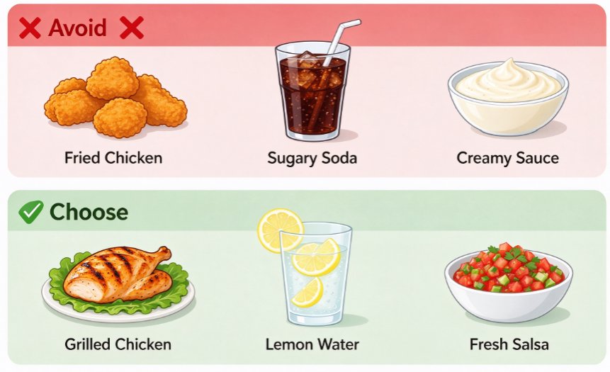 Comparison chart: avoid fried chicken, sugary soda and creamy sauce; choose grilled chicken, lemon water and fresh salsa