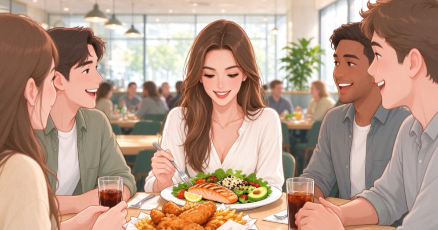 Friends enjoying a relaxed restaurant meal while one of them chooses a grilled salmon salad