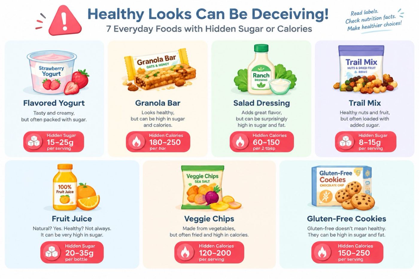 Infographic of seven foods that look healthy but hide sugar or calories: flavored yogurt, granola bars, salad dressing, trail mix, fruit juice, veggie chips and gluten-free cookies