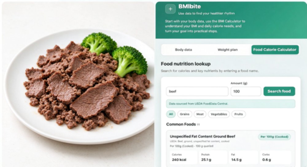 Searching for ground beef in the BMIbite food calorie database to track protein and calories per 100 grams