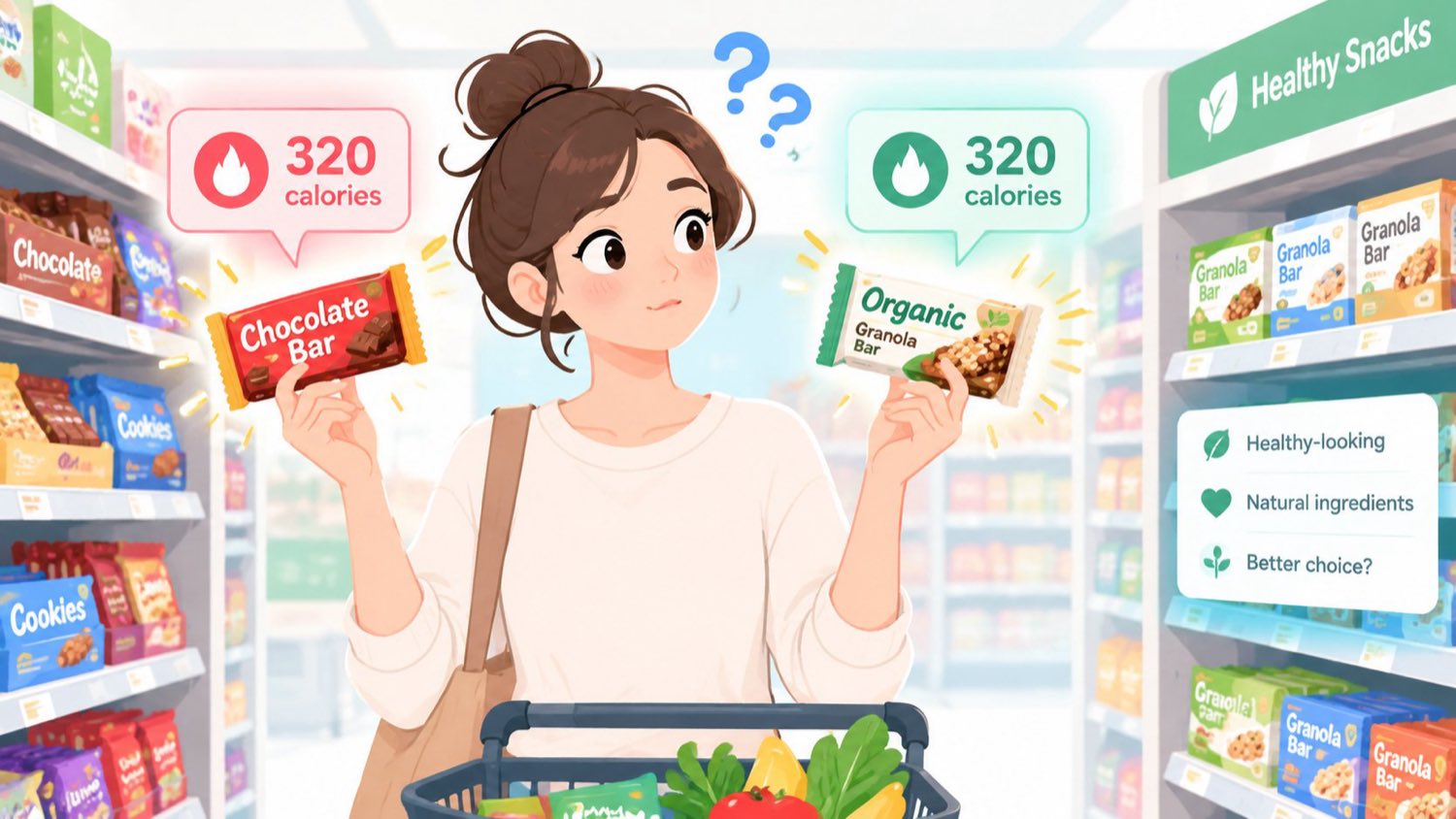 Shopper in a supermarket comparing a chocolate bar and an organic granola bar that both contain 320 calories