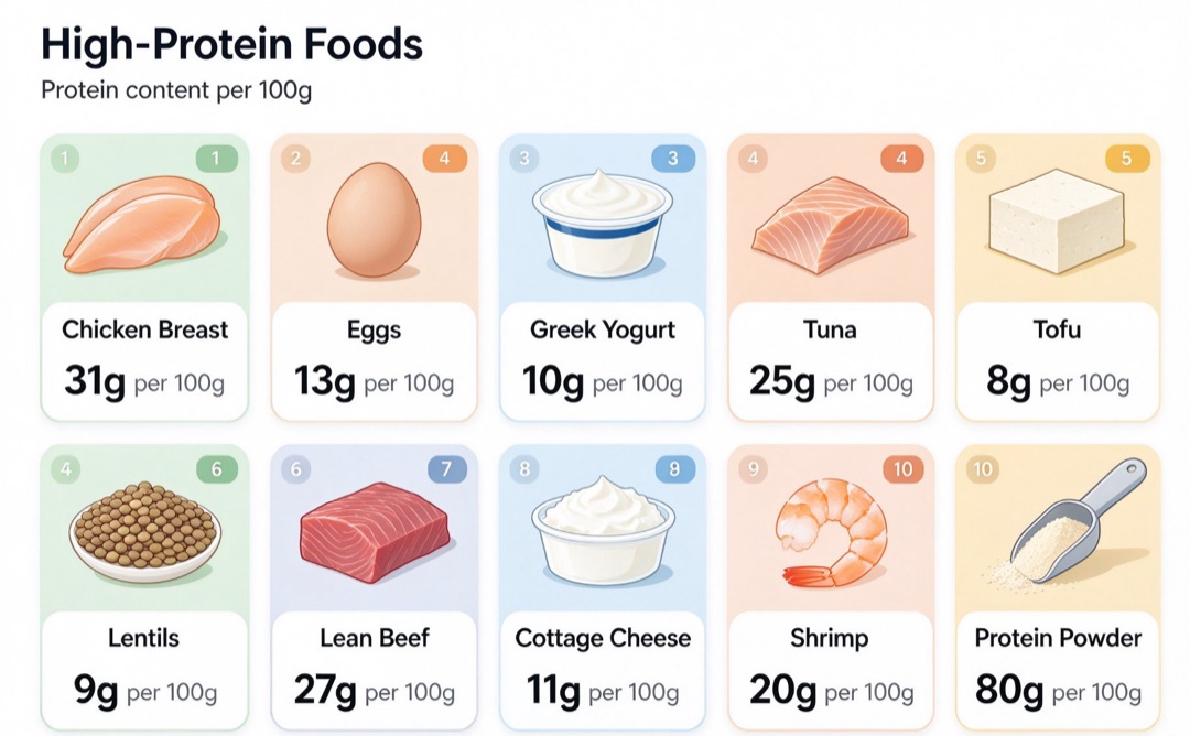 Infographic of 10 high-protein foods and their protein content per 100 grams