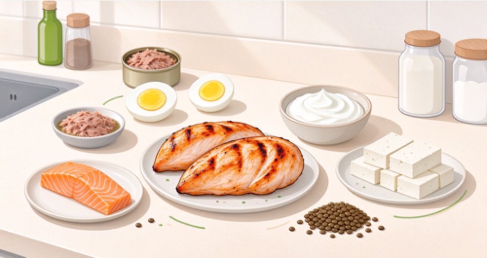 Kitchen counter filled with high-protein foods for weight loss: grilled chicken breast, salmon, boiled eggs, canned tuna, Greek yogurt, tofu, lentils and milk