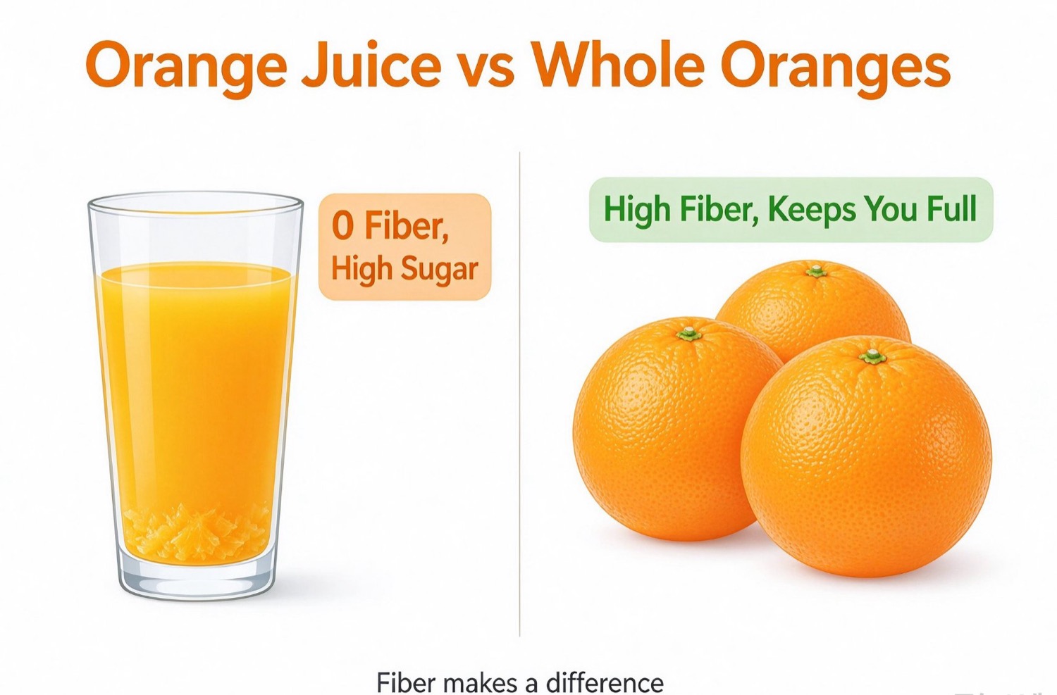 Comparison of orange juice with 0 fiber and high sugar versus whole oranges, which are high in fiber and keep you full