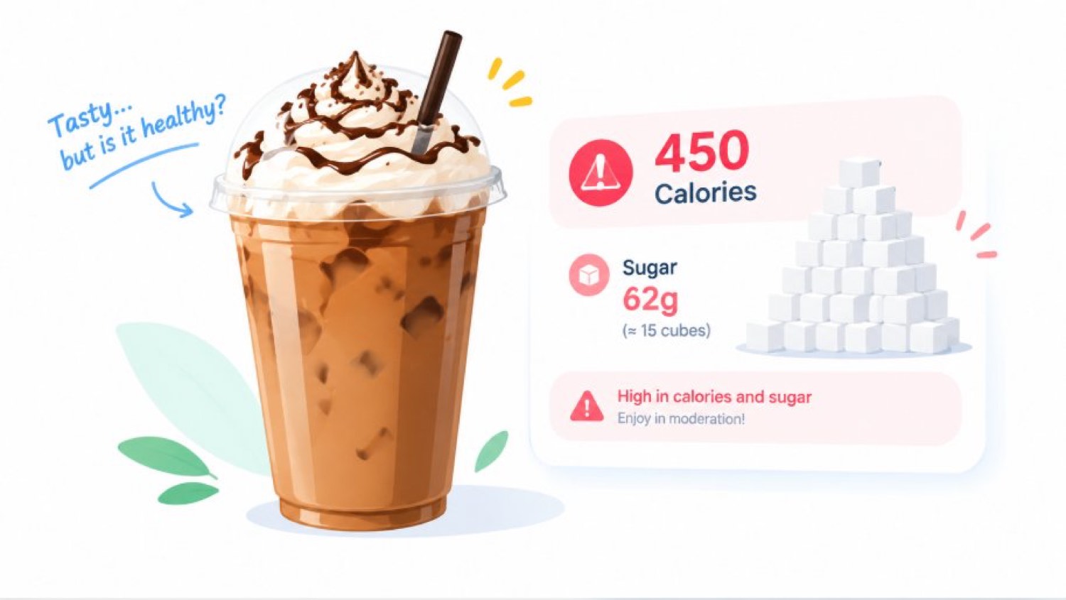 A caramel frappuccino with whipped cream next to a card showing 450 calories and 62 g of sugar, about 15 sugar cubes