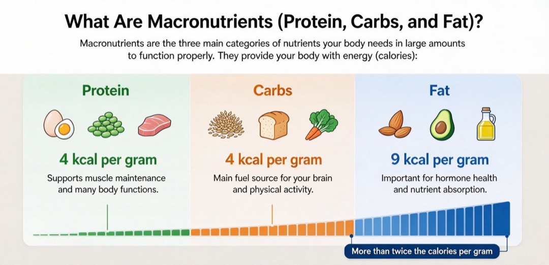 Illustration of the three macronutrients: protein and carbs provide 4 kcal per gram, while fat provides 9 kcal per gram