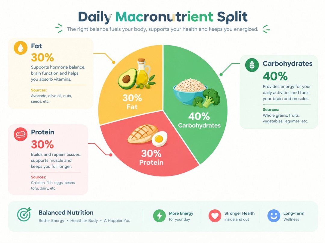Daily macronutrient split pie chart: 30% fat, 40% carbs, 30% protein