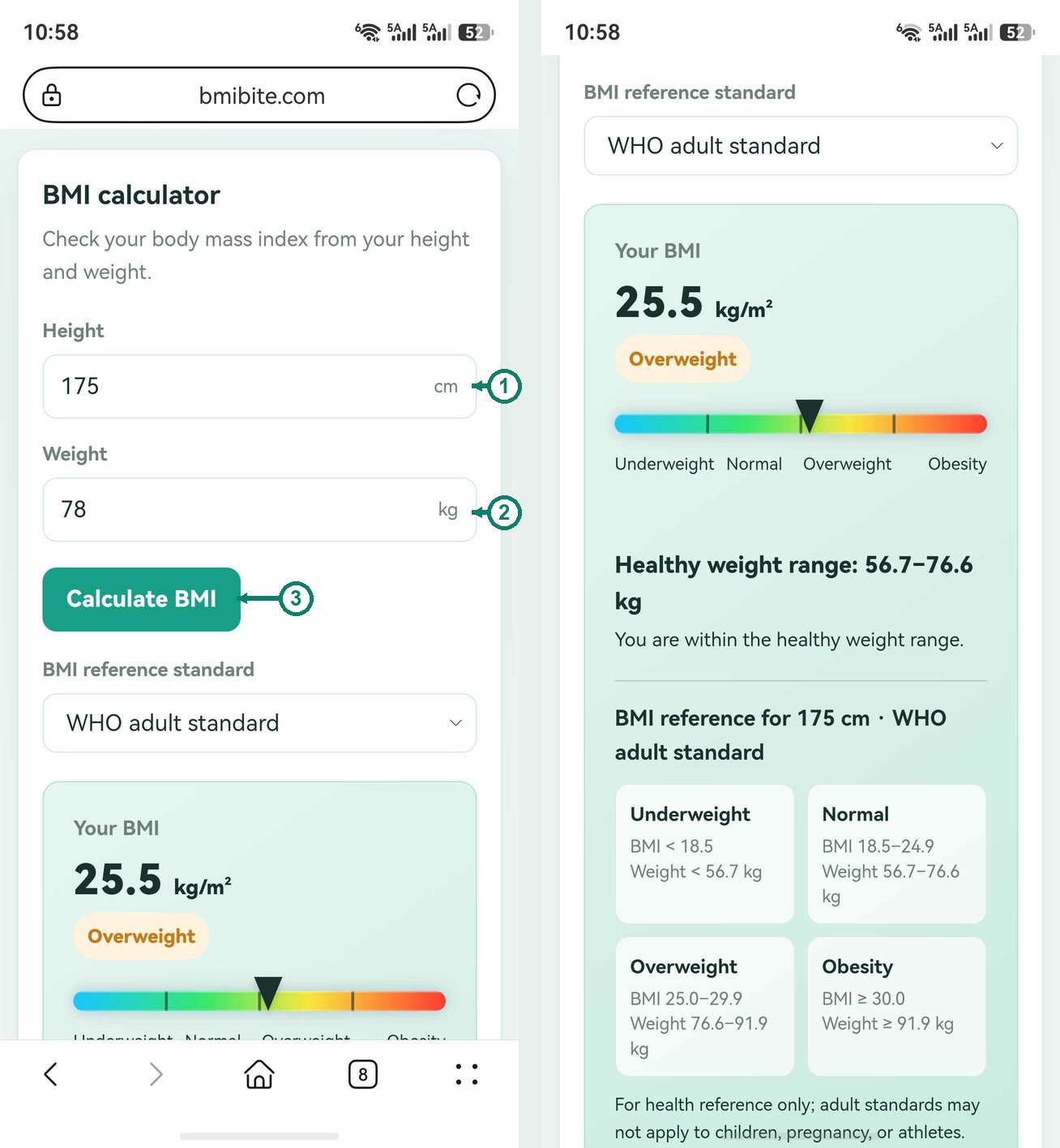 Two mobile screenshots of BMIbite: on the left, the BMI calculator with numbered steps 1 height, 2 weight, 3 Calculate BMI; on the right, the result 25.5 overweight with a color scale and healthy weight range