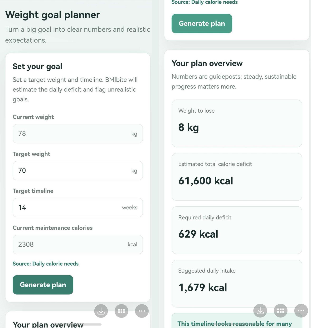 Two mobile screenshots of the Weight plan tab: on the left, the Set your goal card with current weight 78 kg, target 70 kg, a 14-week timeline and maintenance calories synced at 2,308 kcal; on the right, the plan overview showing 8 kg to lose, a 61,600 kcal total deficit, a 629 kcal daily deficit and a suggested intake of 1,679 kcal