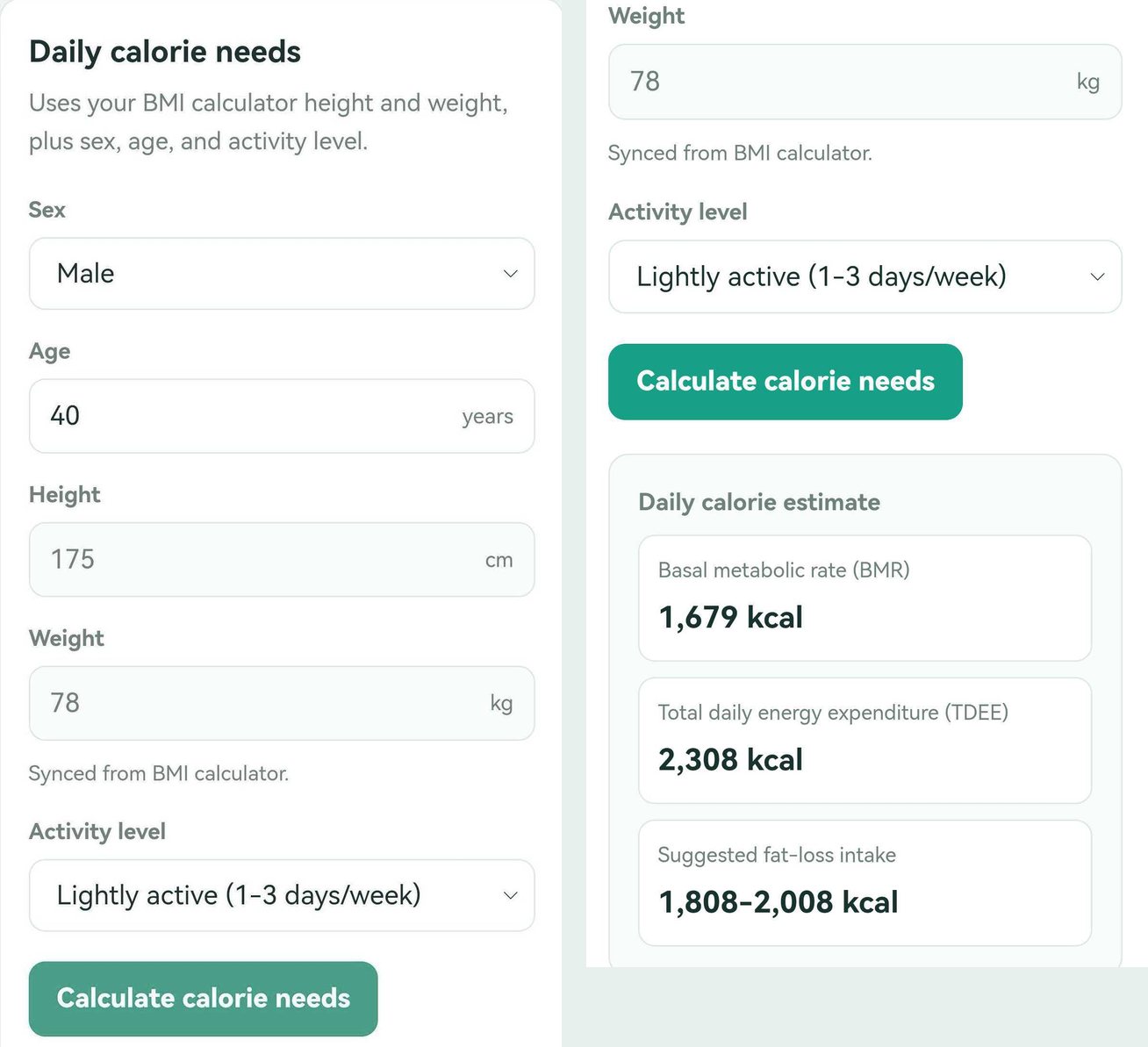 Two mobile screenshots of the Daily calorie needs card: on the left, sex, age and activity level inputs with height and weight synced from the BMI calculator; on the right, the results: BMR 1,679 kcal, TDEE 2,308 kcal, suggested fat-loss intake 1,808 to 2,008 kcal