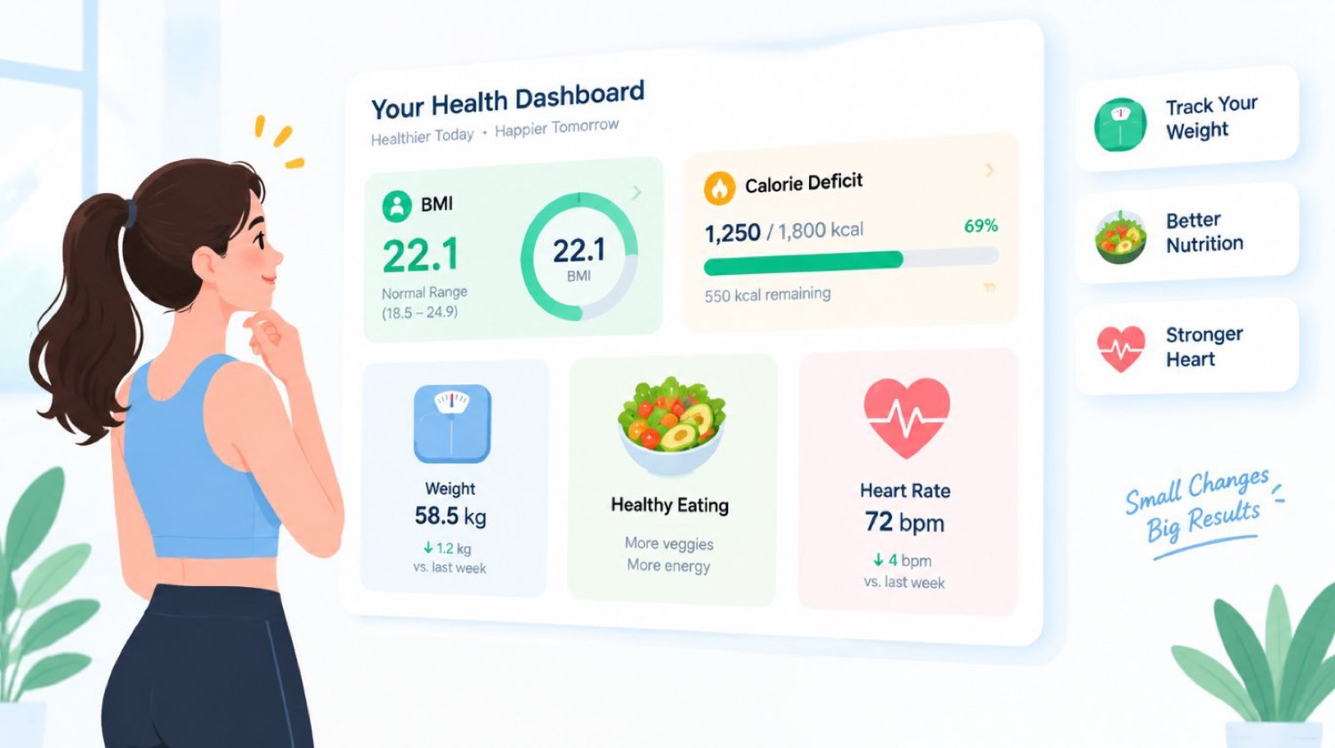 Woman looking at a health dashboard showing BMI 22.1, a 1,250 of 1,800 kcal calorie deficit and weekly progress